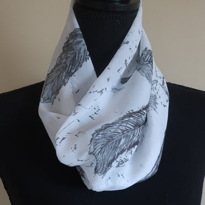 Chiffon Scarf - White with Black and Grey Feathers