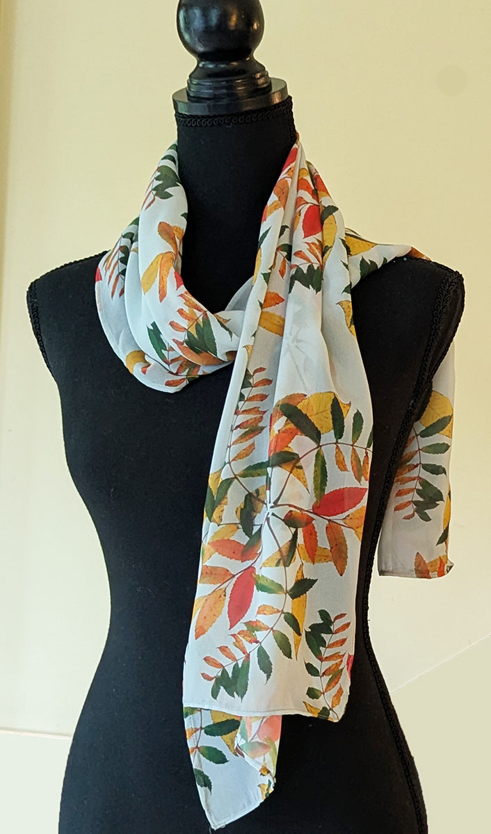 Chiffon Scarf - Sumac Leaves on White