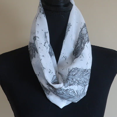 Chiffon Scarf - White with Black and Grey Feathers